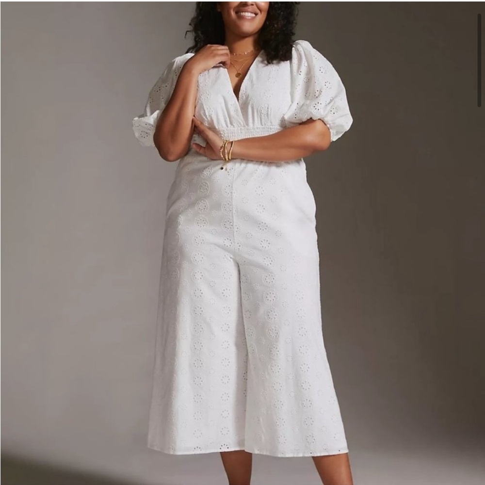 Hutch - Anthropologie Smocked-Waist White Cotton Eyelet Crop Jumpsuit - 1X